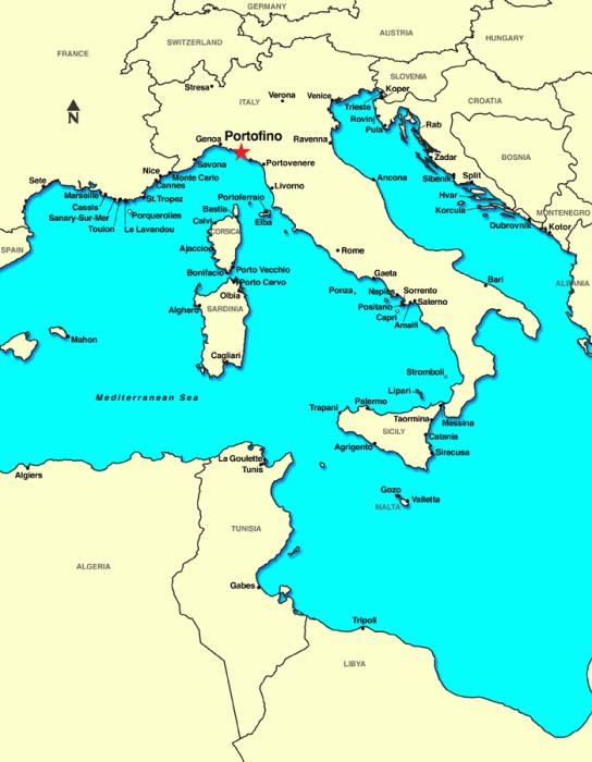 Portofino on the map of Italy