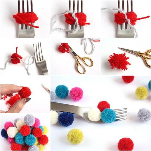 pompoms on a fork with your hands