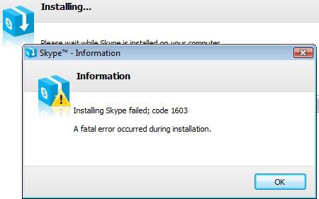 błąd podczas instalacji skype 1603
