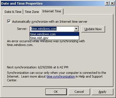 sincronización de la hora con el servicio de hora de windows